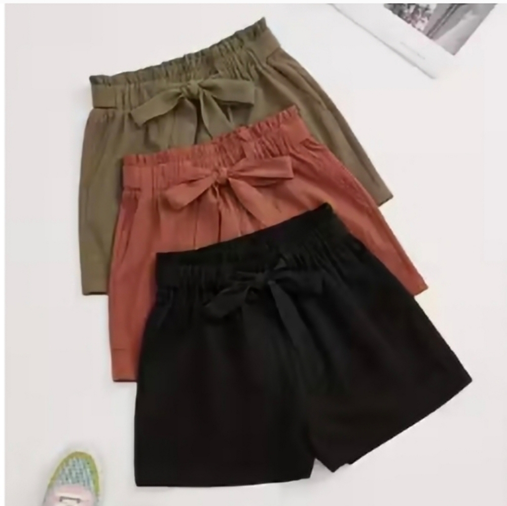 High Waist Paperbag Shorts with Tie - Black, Rust, Olive